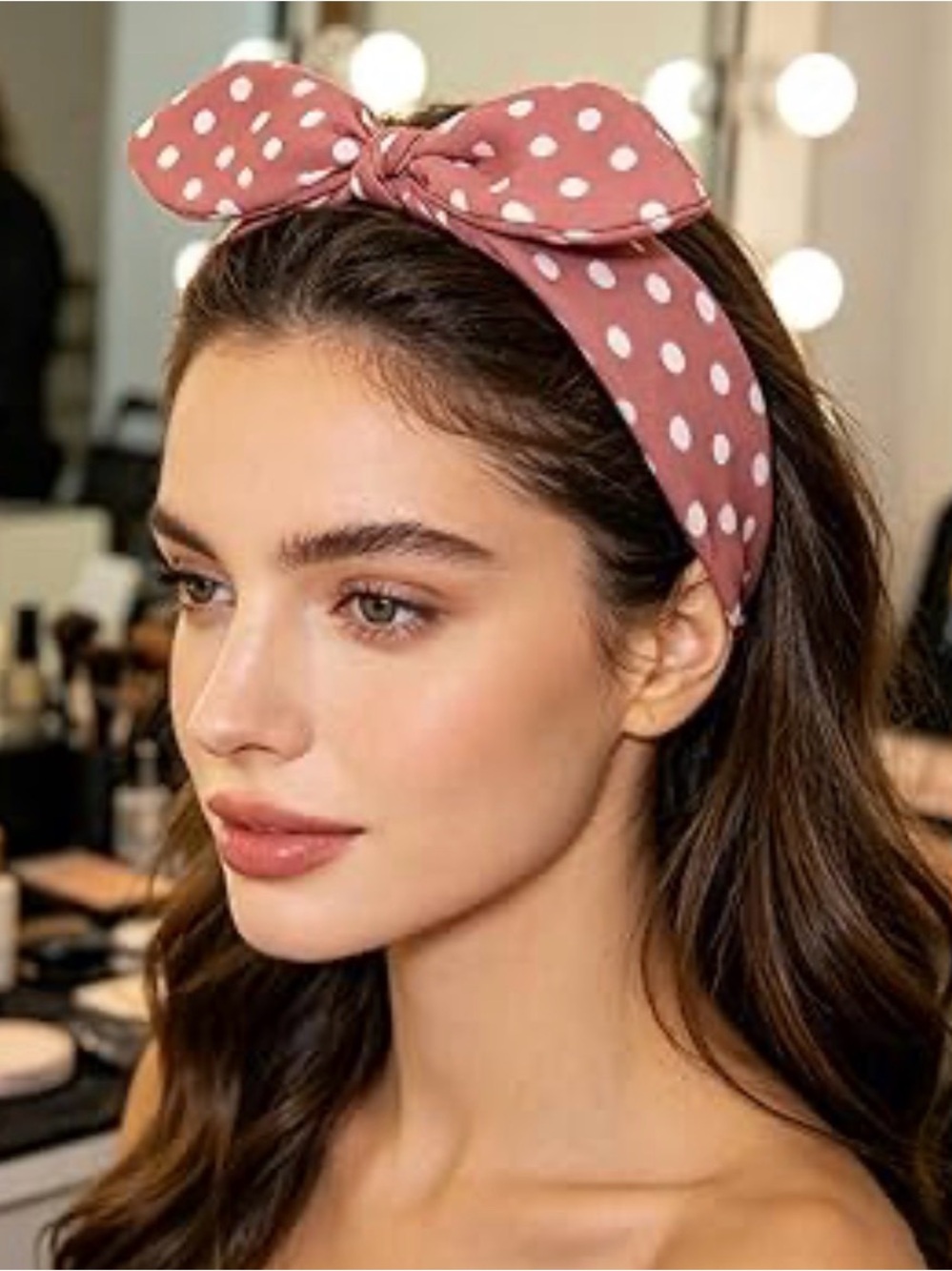 💗.  Polka Dot Bow Headband - Pink